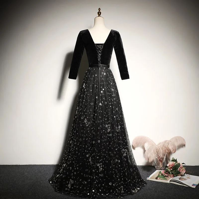 Black velvet evening dress new long-sleeved prom dress      fg182