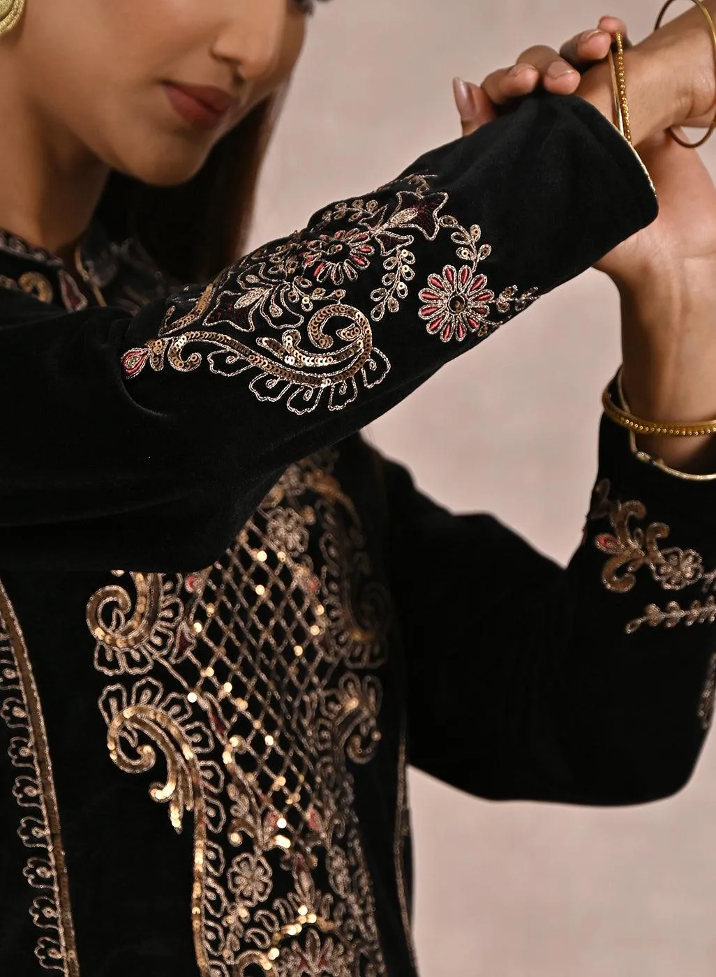 Black Velvet Kurta With Geometrical Sequins Work