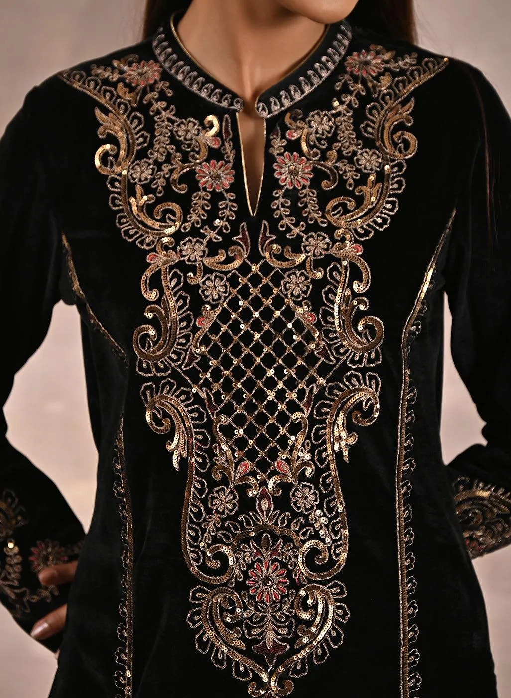 Black Velvet Kurta With Geometrical Sequins Work