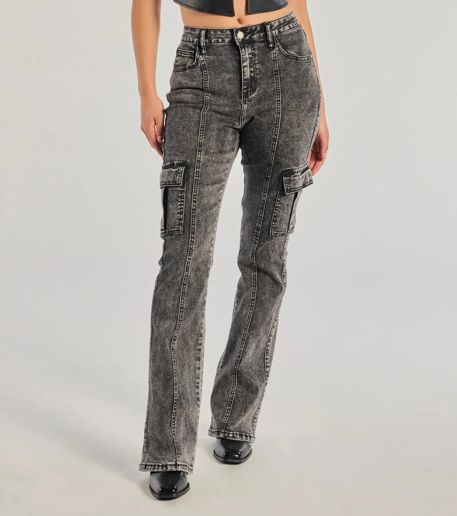 Bold High-Rise Acid Wash Cargo Jeans