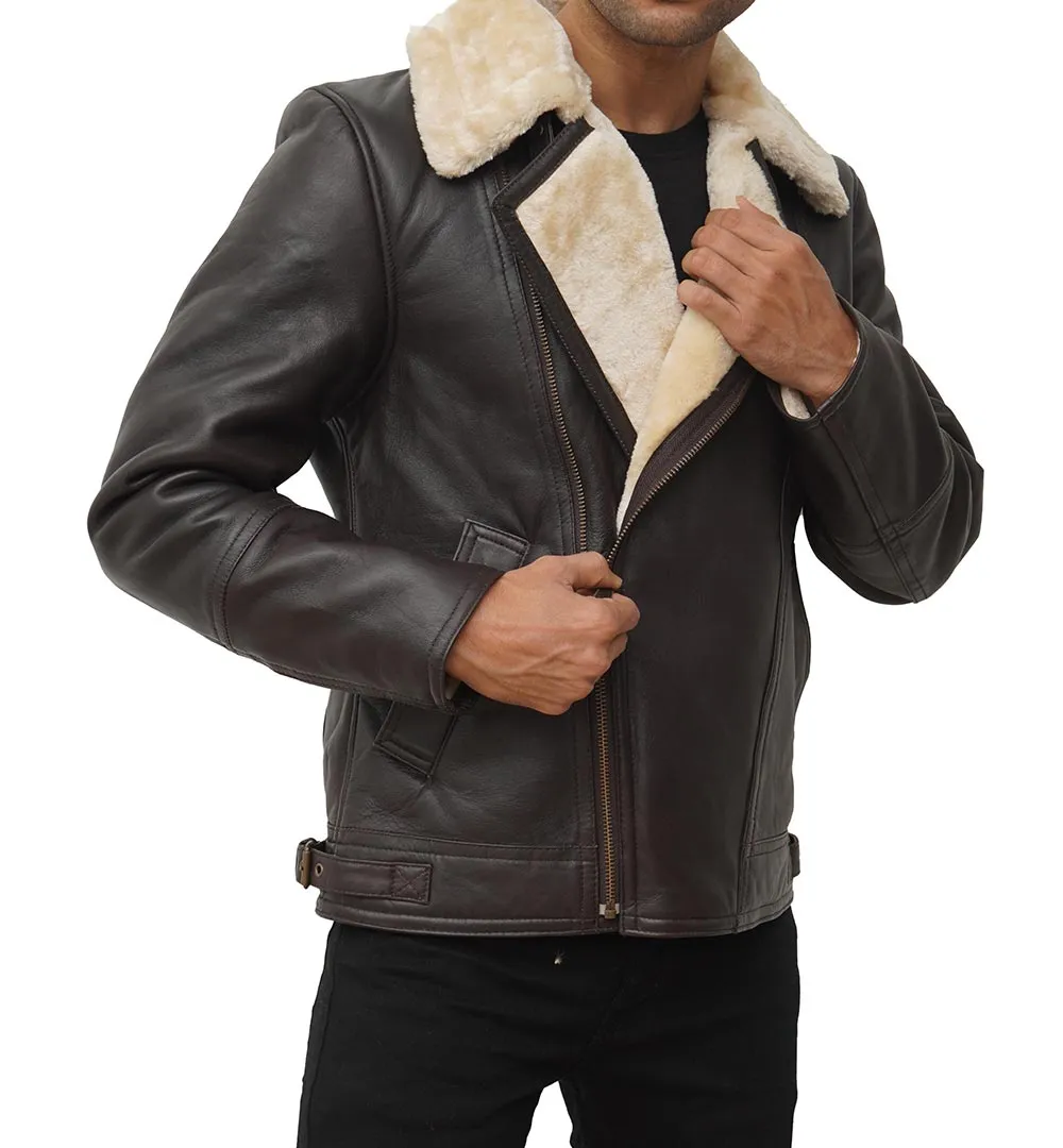 Brown Asymmetrical Faux Shearling Stylish Men's Leather Jacket by TJS