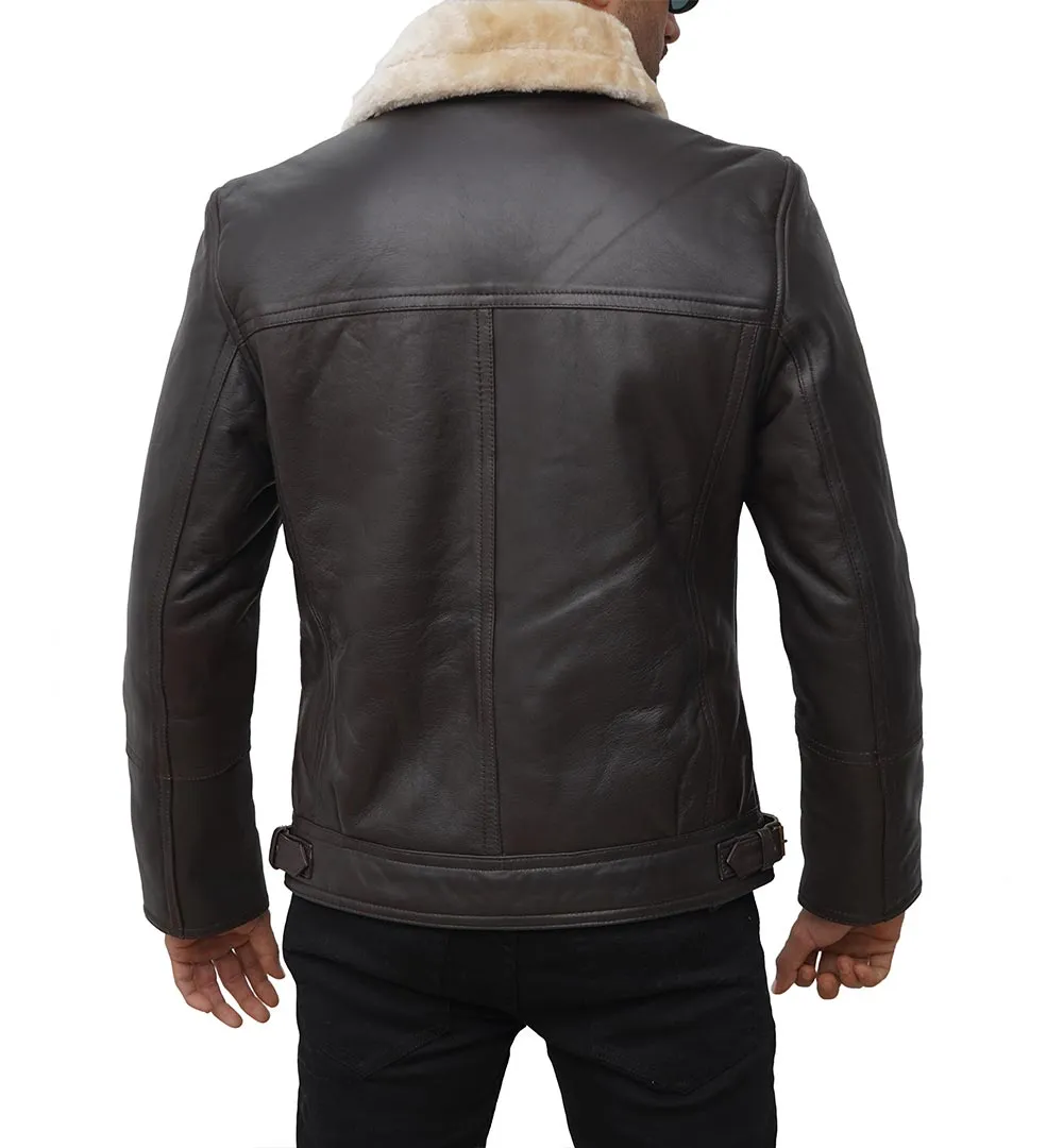 Brown Asymmetrical Faux Shearling Stylish Men's Leather Jacket by TJS