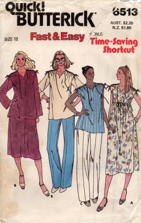 Butterick 6513 Womens Gathered Shoulder Maternity Dress Tunic Skirt Belt & Pants 1980s Vintage Sewing Pattern Size 12 UNCUT Factory Folded