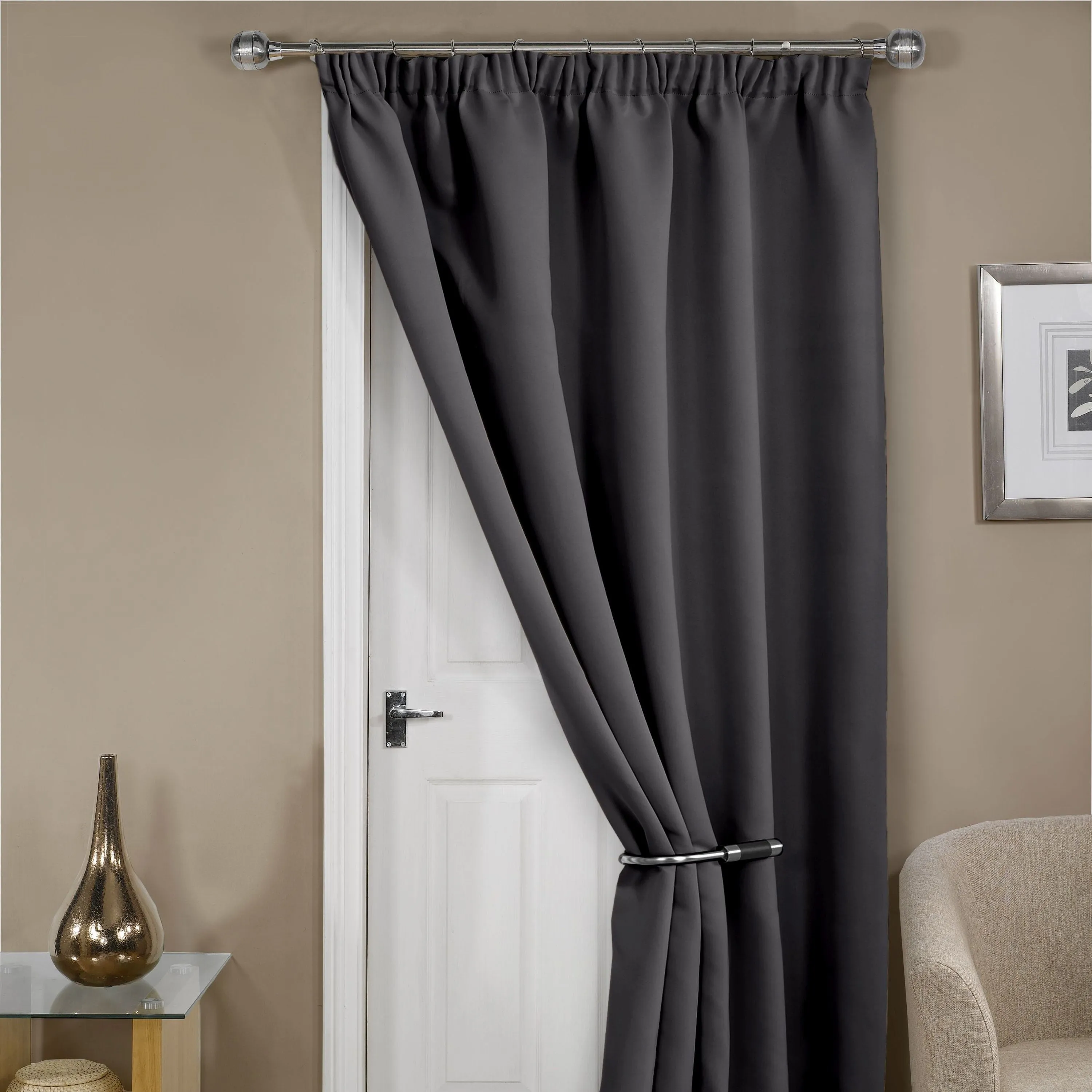 Cali Charcoal Grey Thermal Blackout Pencil Pleat Door Curtain