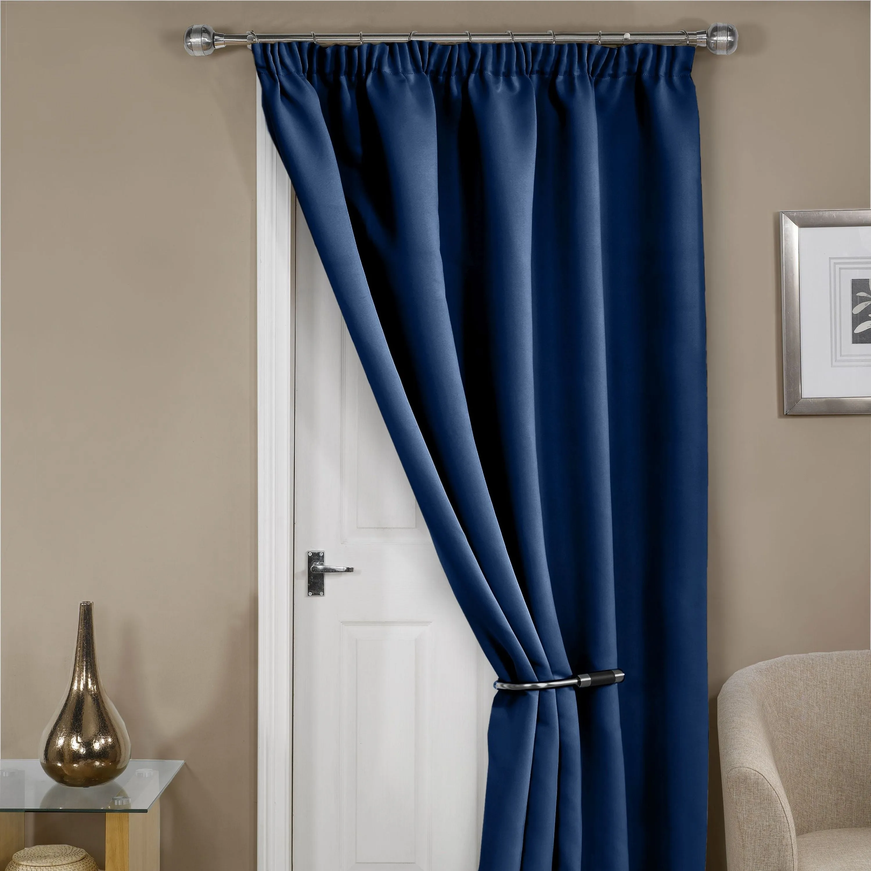 Cali Navy Blue Thermal Blackout Pencil Pleat Door Curtain