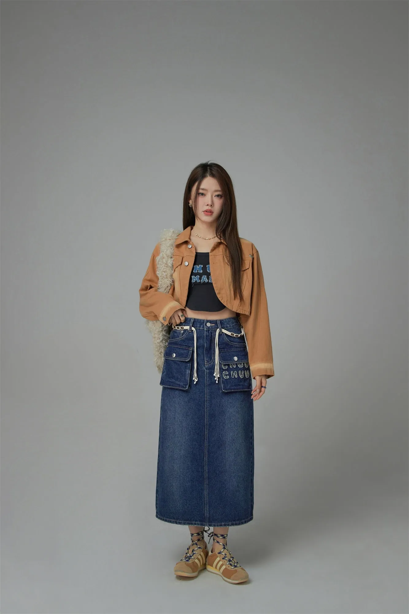 Cargo Pocket Denim Maxi Skirt