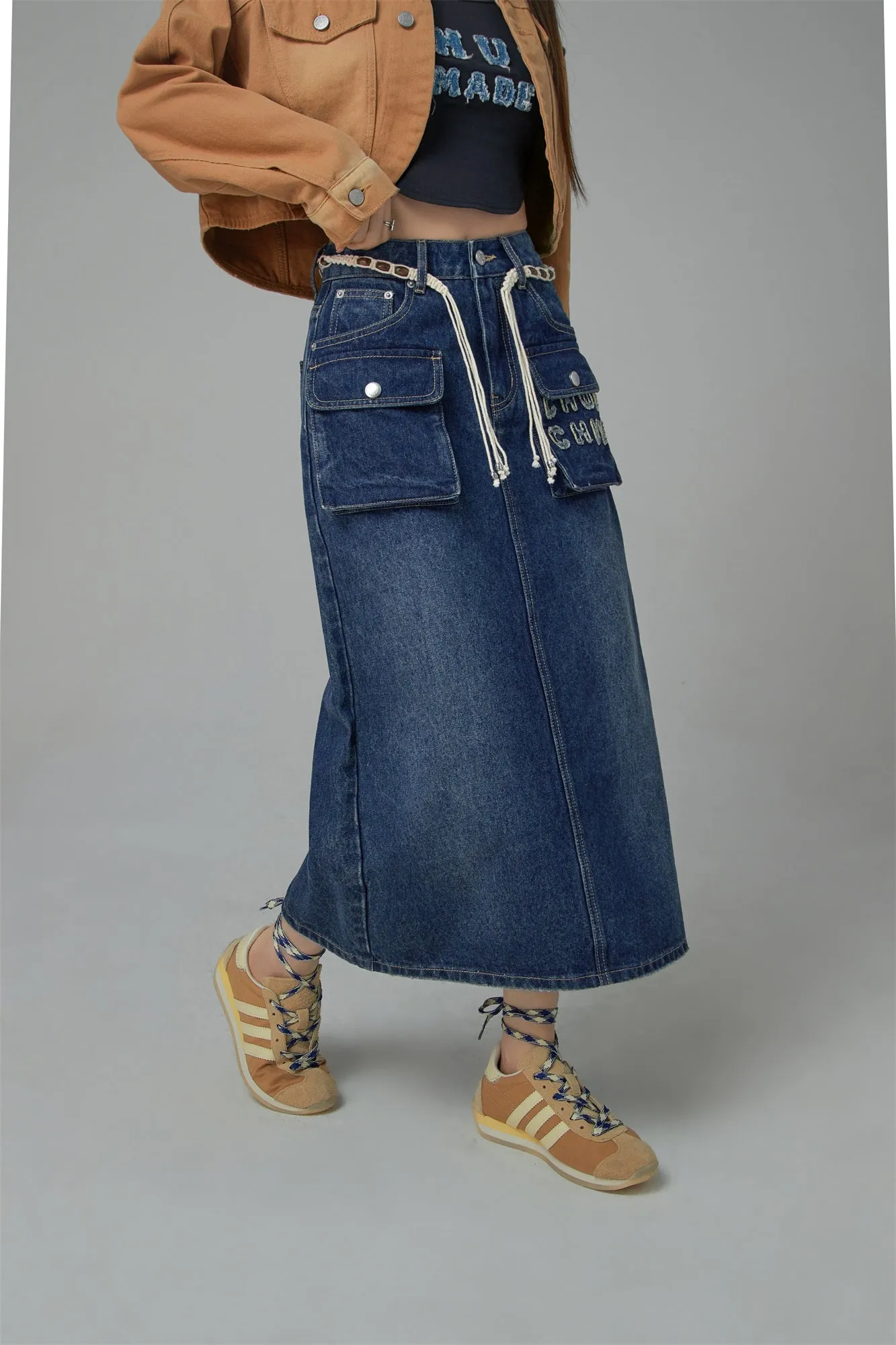 Cargo Pocket Denim Maxi Skirt