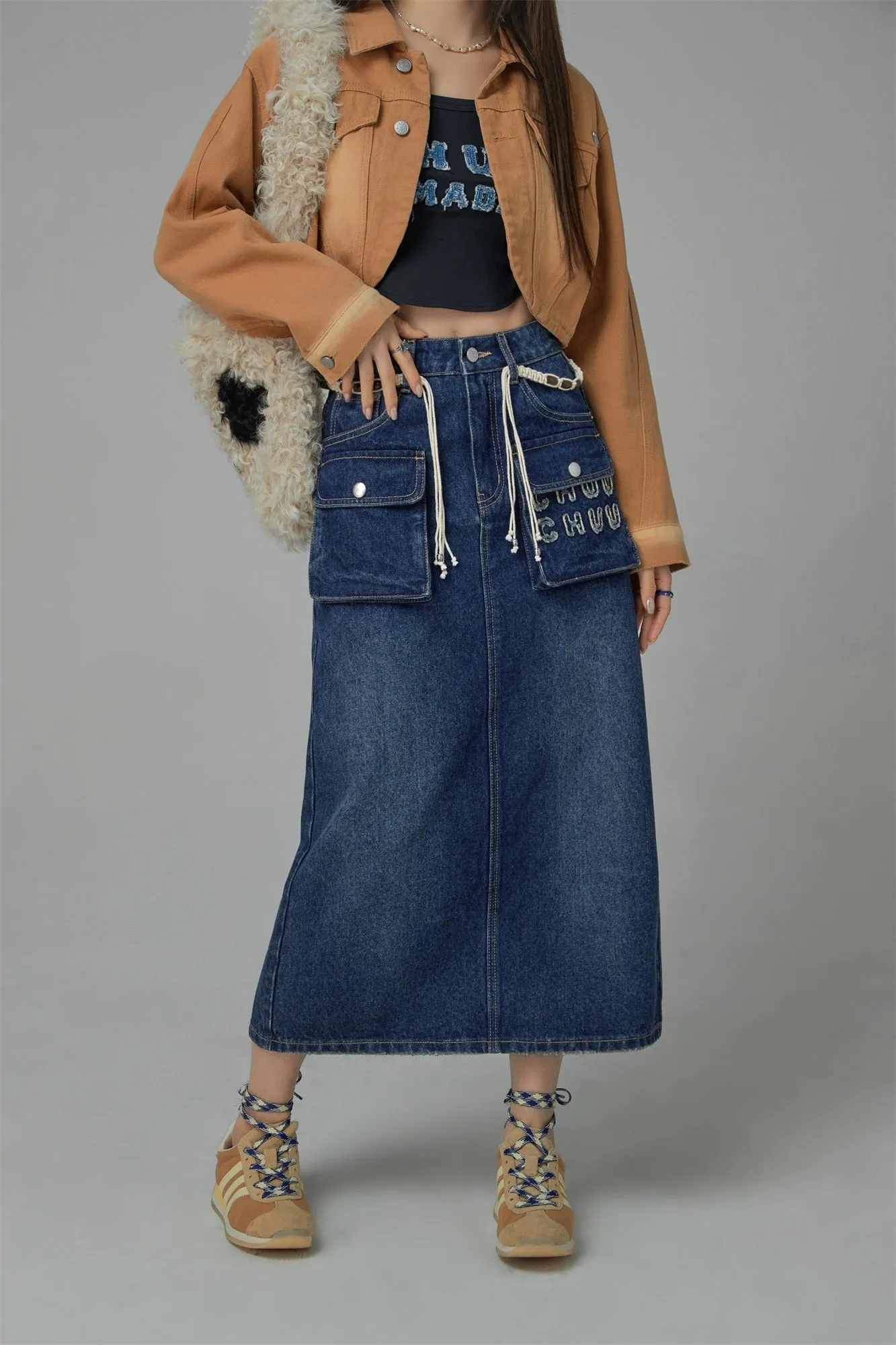 Cargo Pocket Denim Maxi Skirt