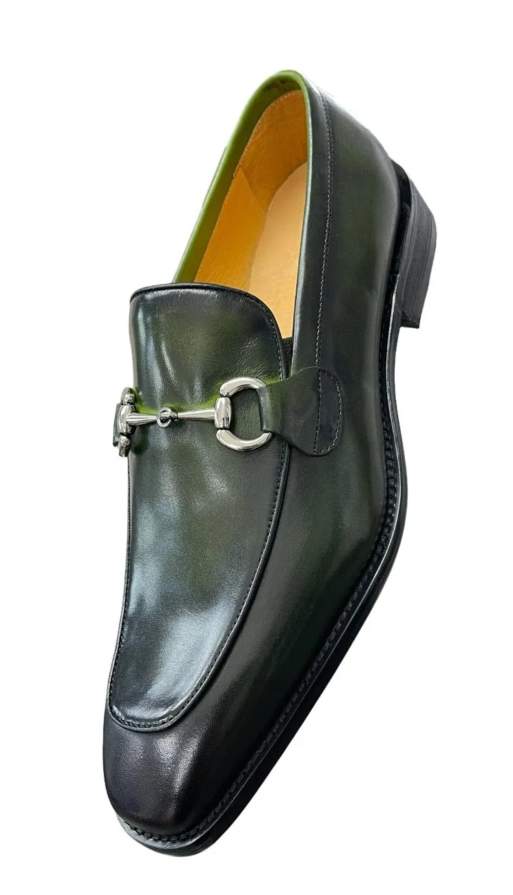 Carrucci Olive Genuine Leather Men's Slip On Dress Shoes Silver Buckle