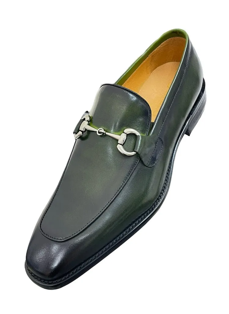 Carrucci Olive Genuine Leather Men's Slip On Dress Shoes Silver Buckle