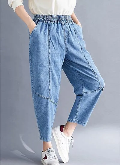 Classy Spring Women Pants Fashion Denim Blue Photography Elastic Waist Patchwork Pant