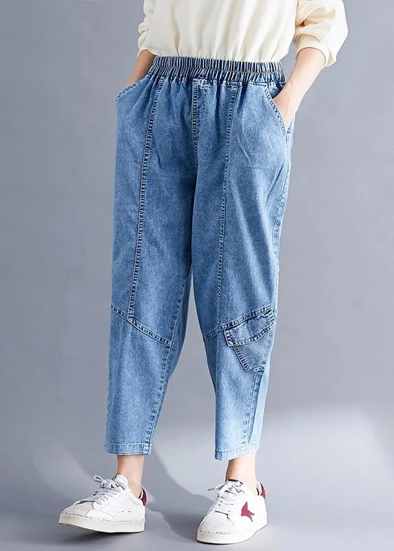 Classy Spring Women Pants Fashion Denim Blue Photography Elastic Waist Patchwork Pant