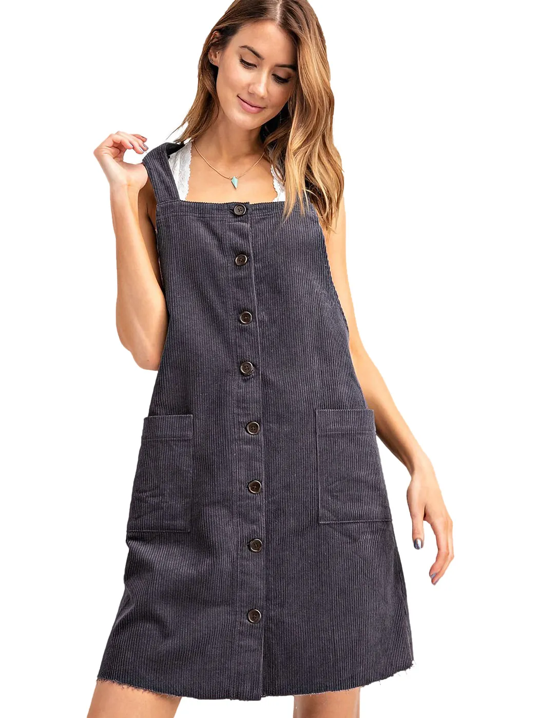 Corduroy Pinafore Overall Pocket Dress