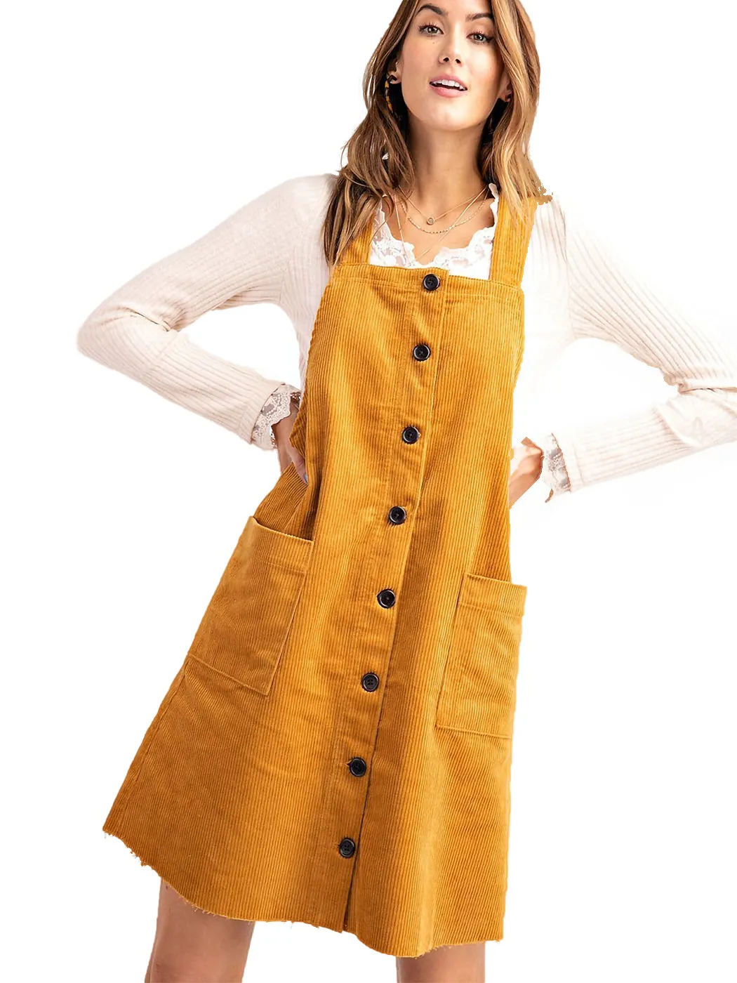 Corduroy Pinafore Overall Pocket Dress