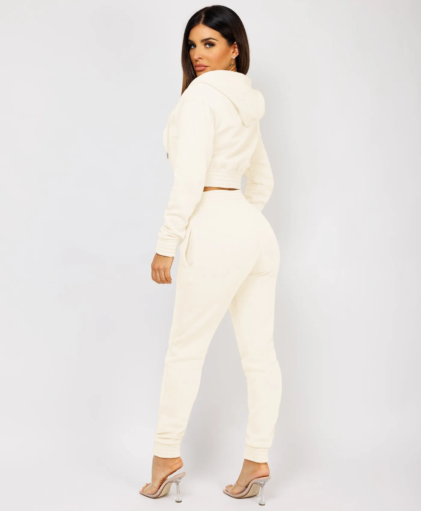 Cream Zipped Cropped Hooded Tracksuit Loungewear Set