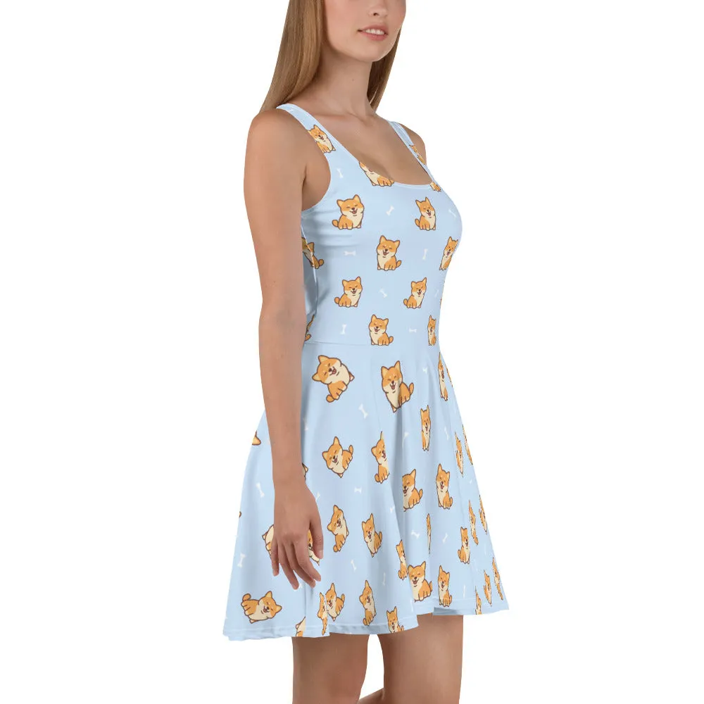 Cute Dog Skater Dress, Corgi Puppy Blue Print Summer Sleeveless Mini Short Handmade Cocktail Party Sexy Women