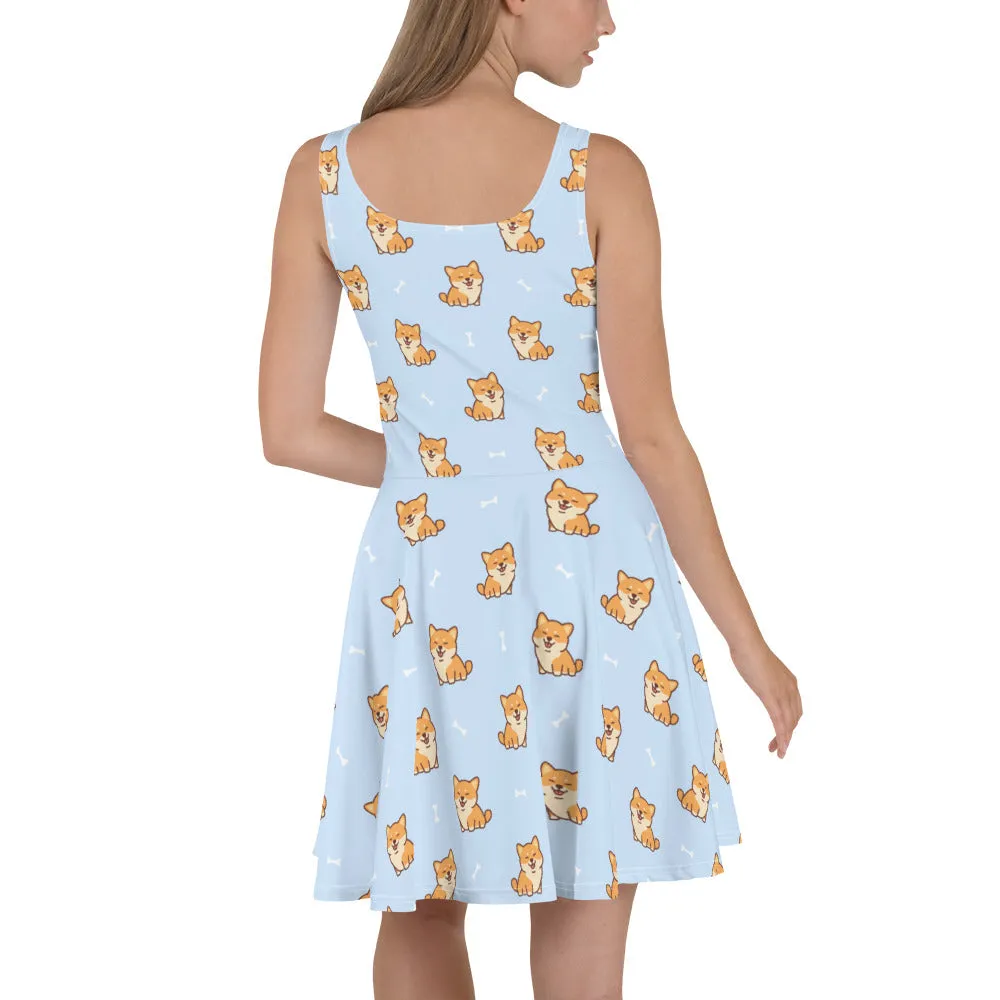 Cute Dog Skater Dress, Corgi Puppy Blue Print Summer Sleeveless Mini Short Handmade Cocktail Party Sexy Women