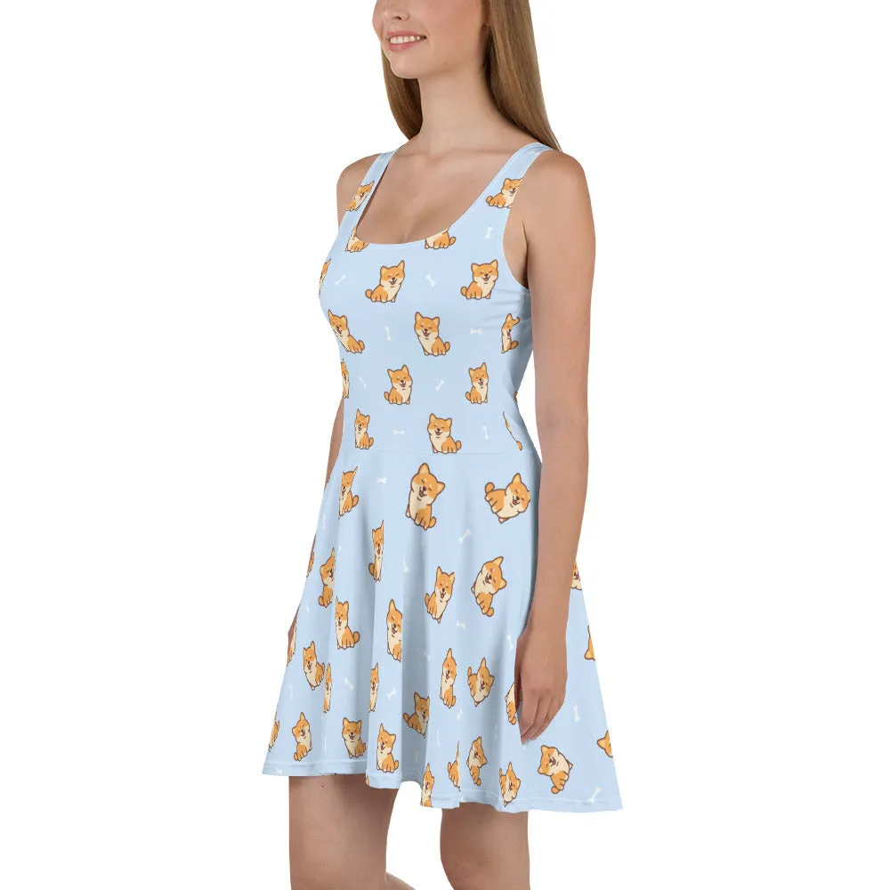 Cute Dog Skater Dress, Corgi Puppy Blue Print Summer Sleeveless Mini Short Handmade Cocktail Party Sexy Women