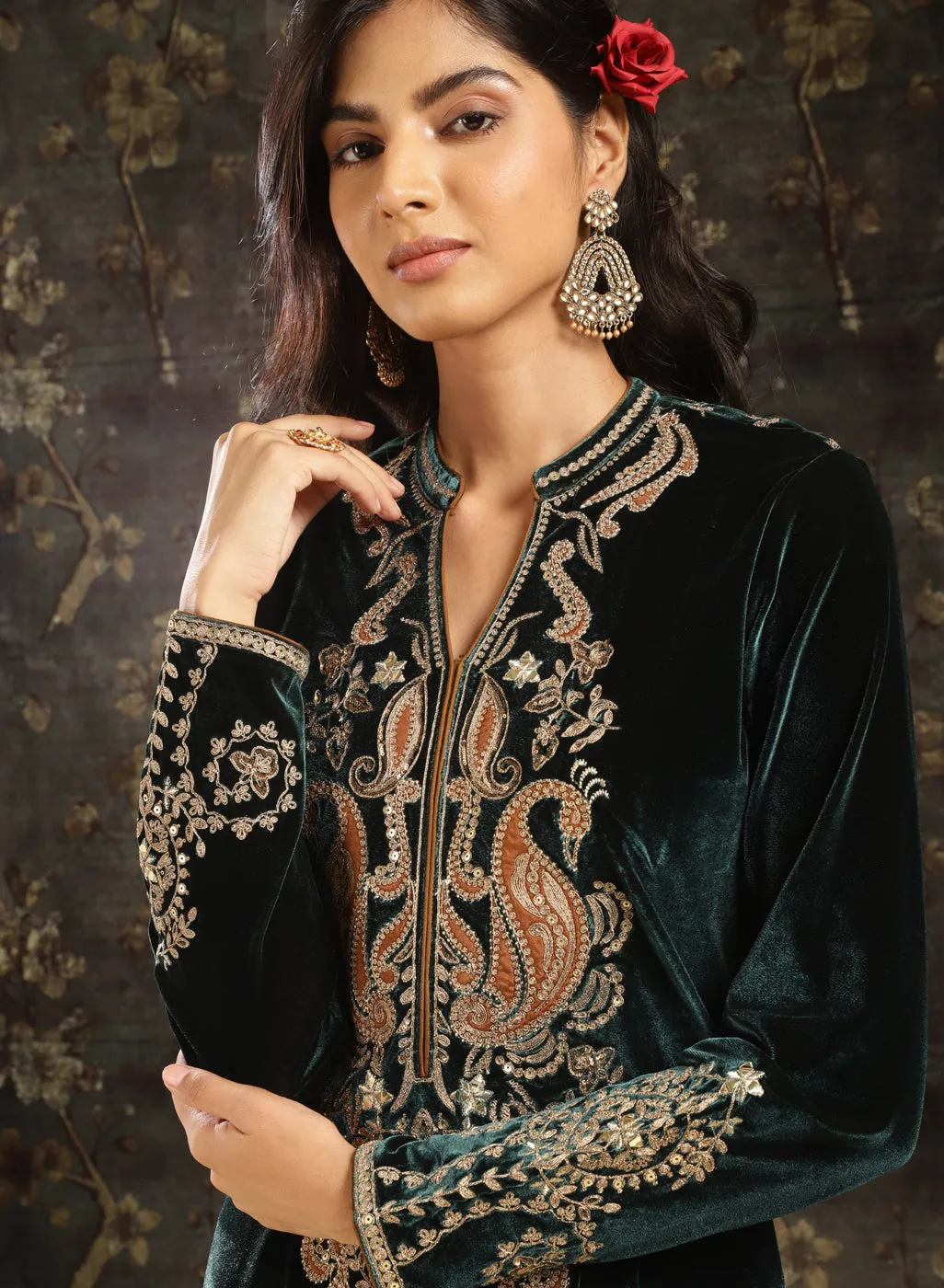 Dark Green Embroidered Party-wear Velvet Kurta Set