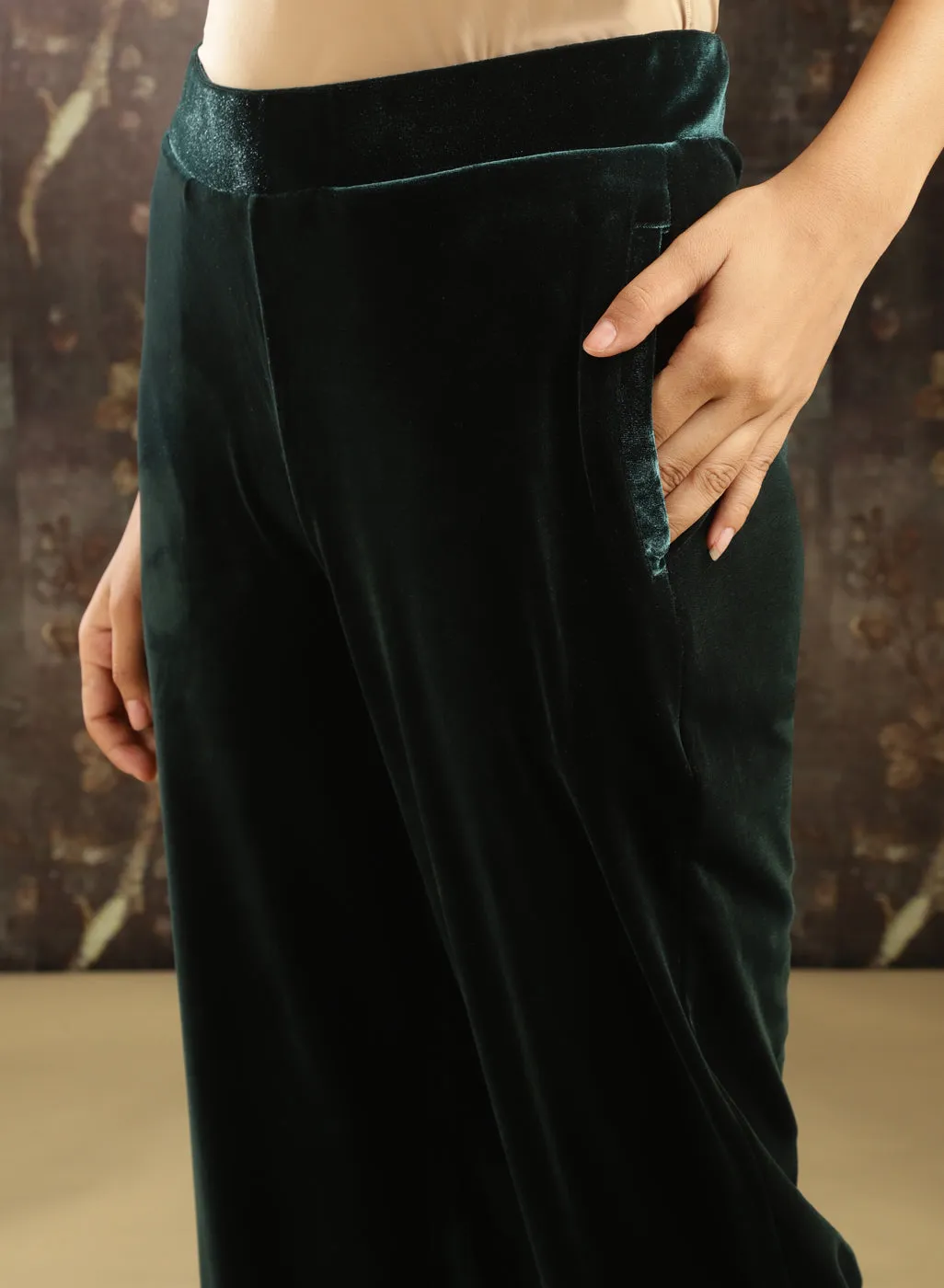 Dark Green Embroidered Party-wear Velvet Kurta Set