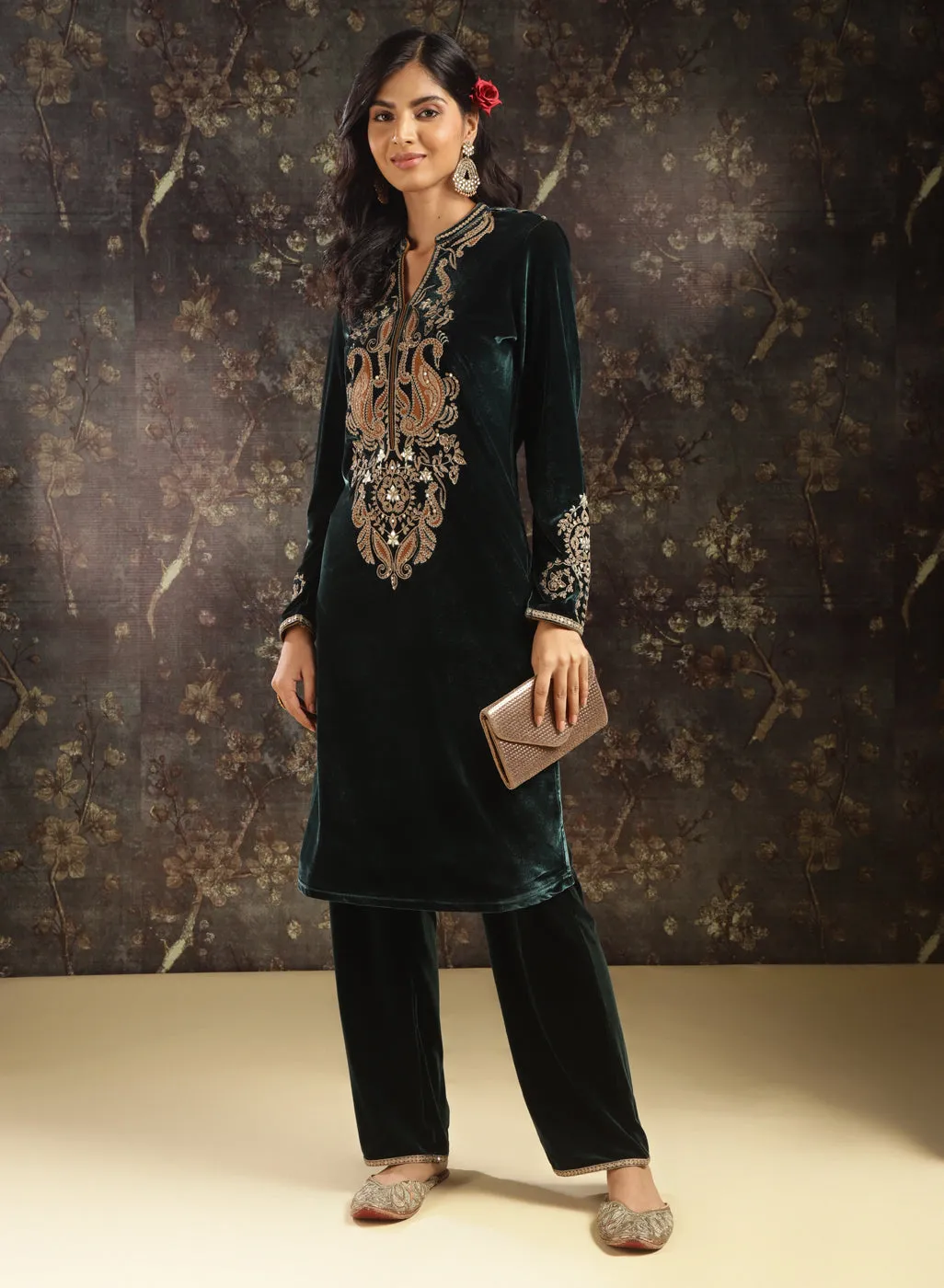 Dark Green Embroidered Party-wear Velvet Kurta Set