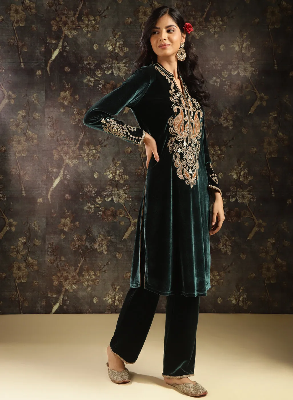 Dark Green Embroidered Party-wear Velvet Kurta Set