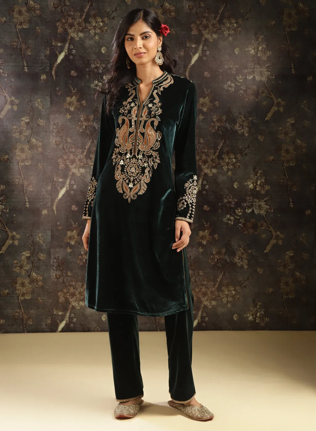 Dark Green Embroidered Party-wear Velvet Kurta Set