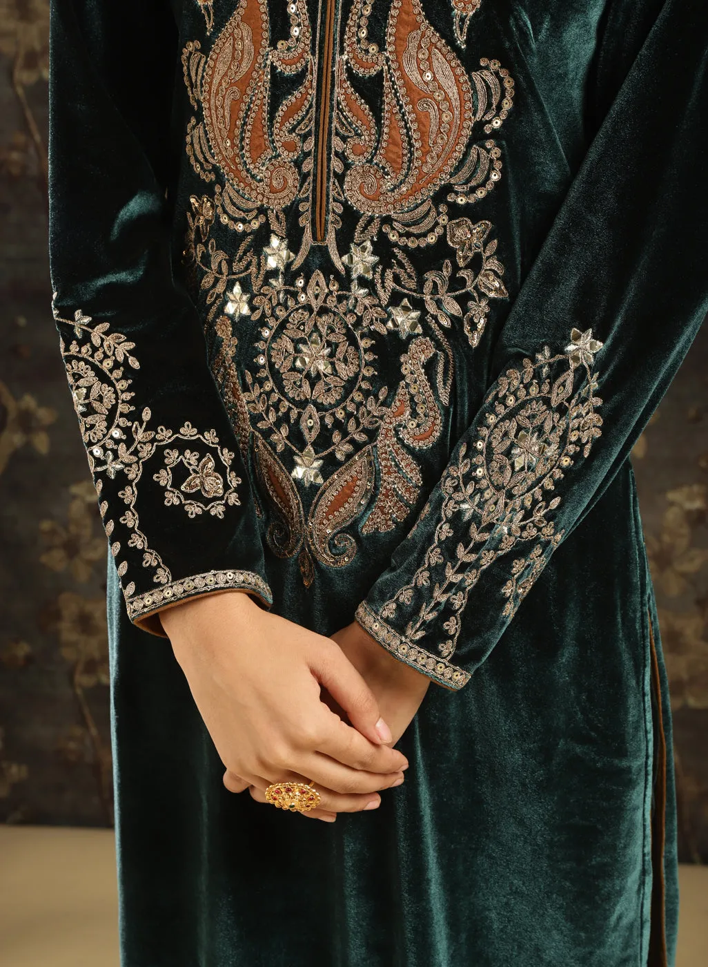 Dark Green Embroidered Party-wear Velvet Kurta Set