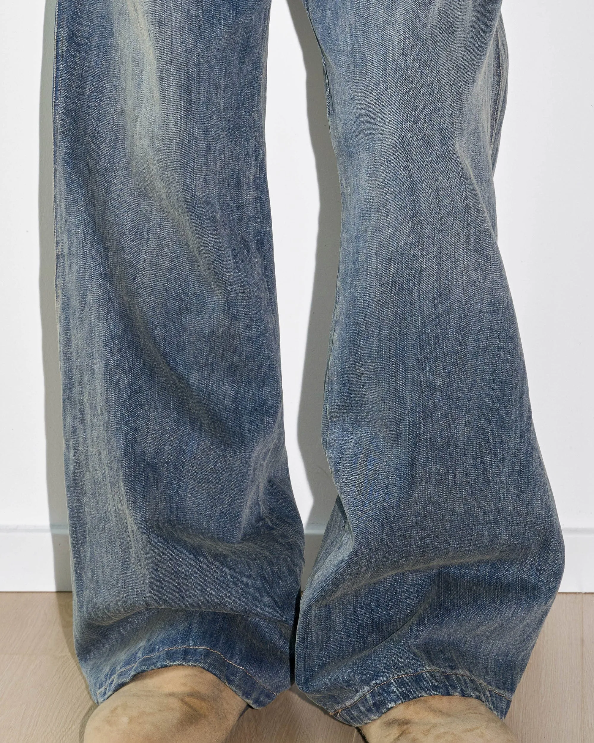 Deconstructed Washed Wide Leg Denim Jeans