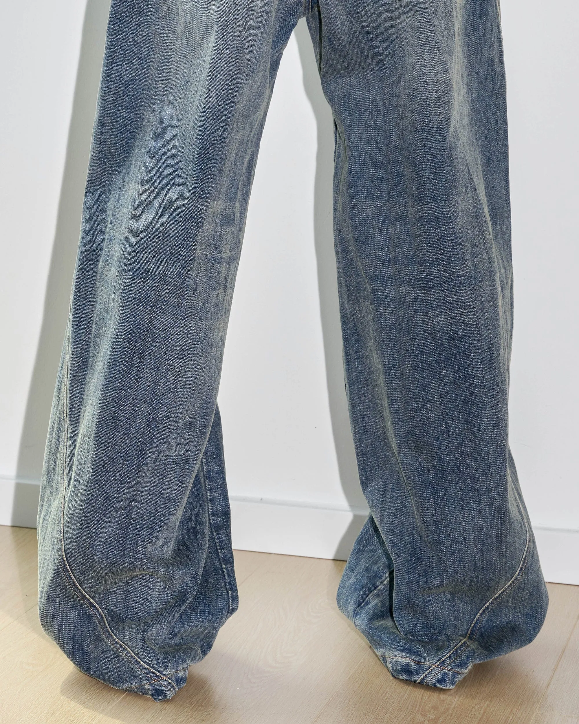 Deconstructed Washed Wide Leg Denim Jeans