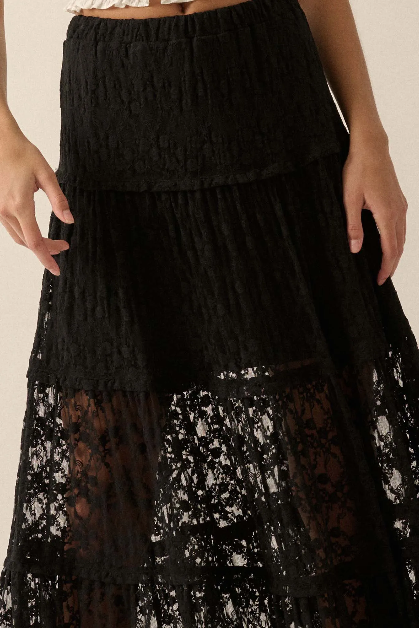 Delicate Dreams Floral Lace Tiered Maxi Skirt