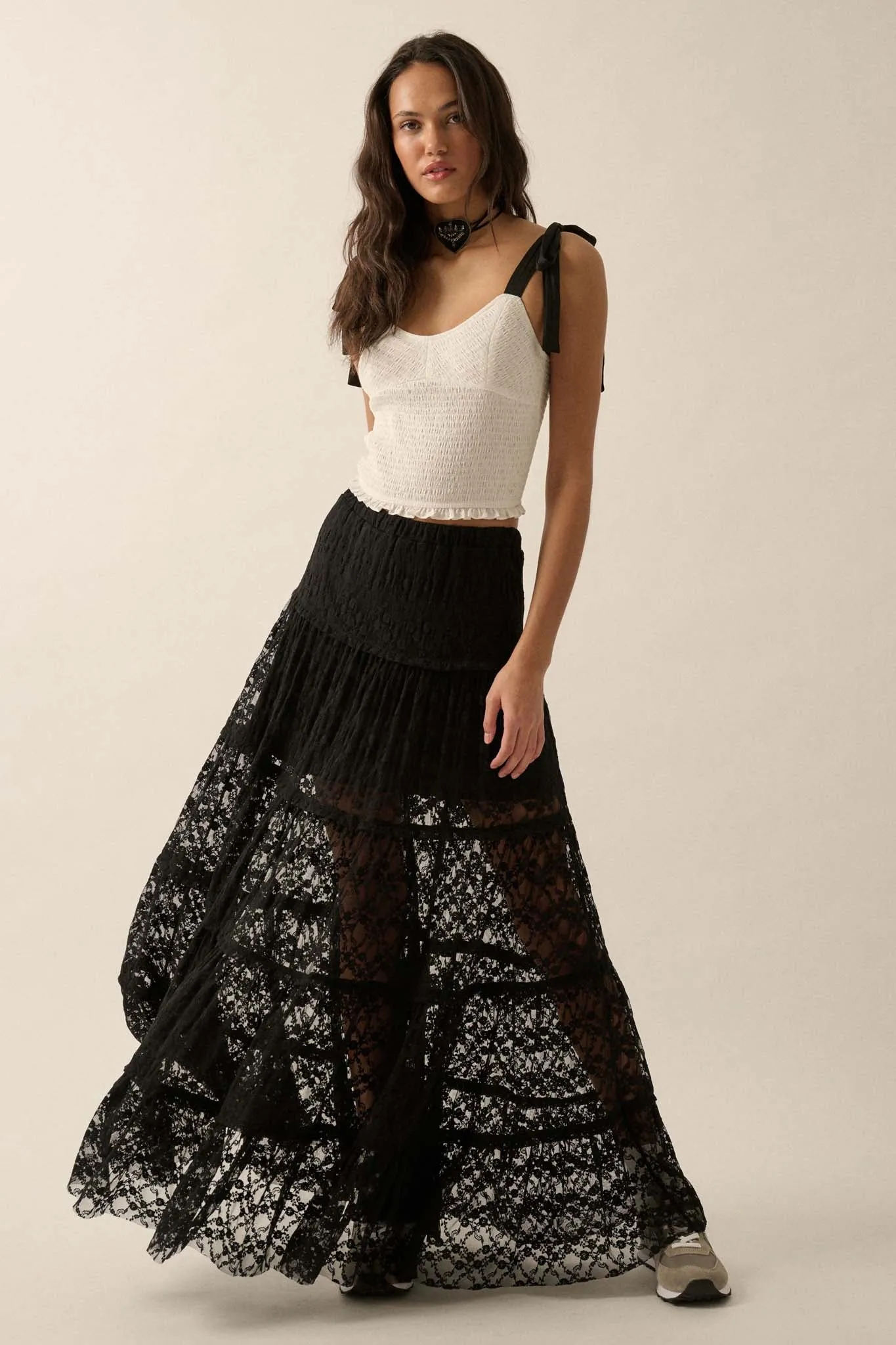 Delicate Dreams Floral Lace Tiered Maxi Skirt