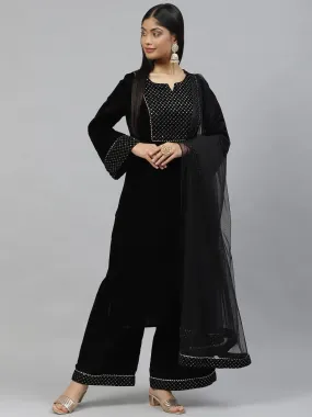 Divena Black Velvet hand work Kurta pant With Net Dupatta set