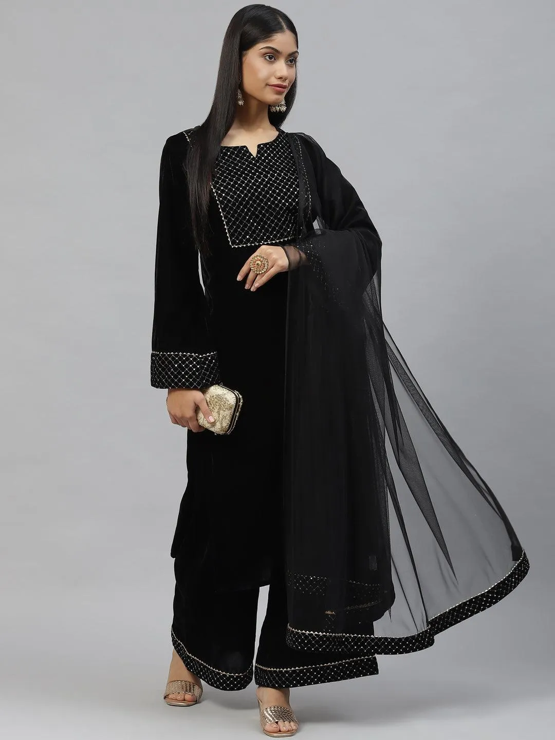 Divena Black Velvet hand work Kurta pant With Net Dupatta set