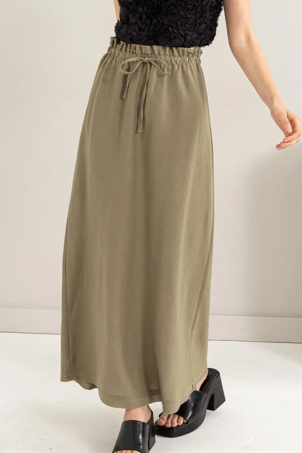 Drawstring Washed Linen Maxi Skirt