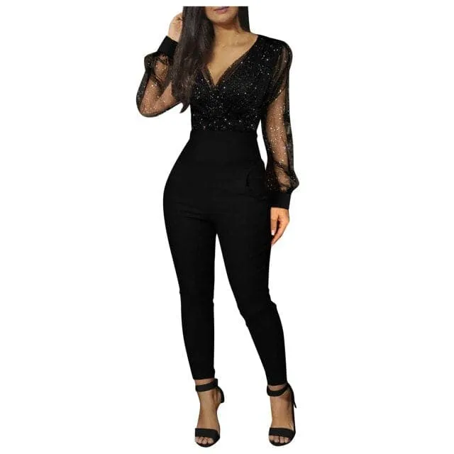 DressBetty - Women Fashion V-neck Sequined Mesh Jumpsuits Long Sleeve Pocket Long Bodysuits Solid Color Casual Playsuits For Female