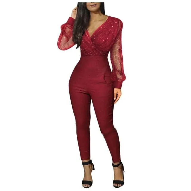 DressBetty - Women Fashion V-neck Sequined Mesh Jumpsuits Long Sleeve Pocket Long Bodysuits Solid Color Casual Playsuits For Female