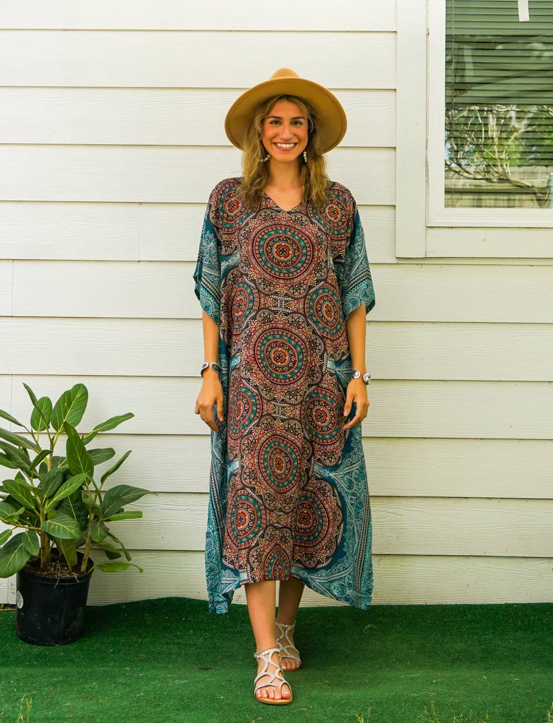 Earthy Mandala Kimono Kaftan Dress