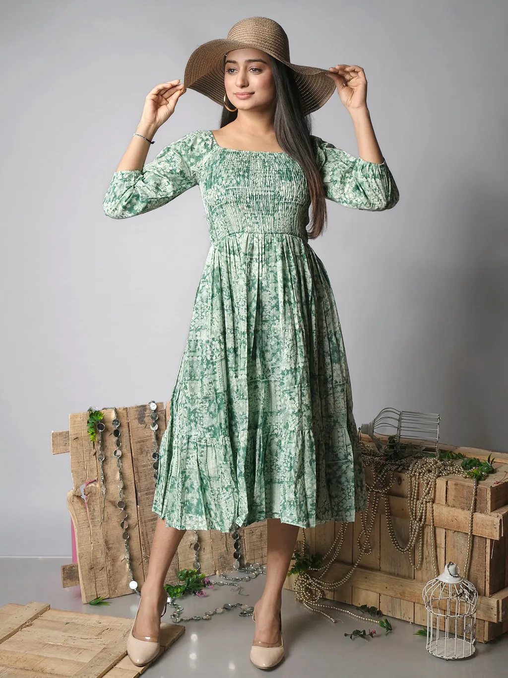 Ekisha's women shibori printed green cotton midi dress