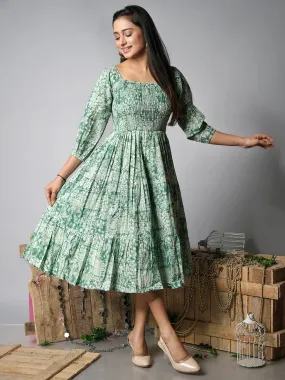 Ekisha's women shibori printed green cotton midi dress