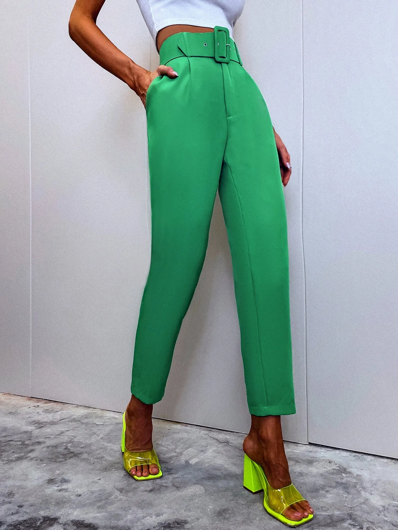 Elegant Plain Belted Natural Cropped Women Pants