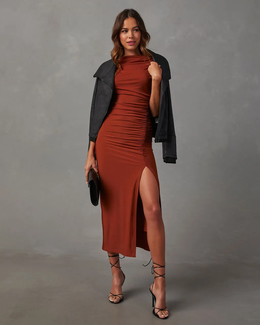 Elisabeth Mock Neck Side Slit Ruched Midi Dress