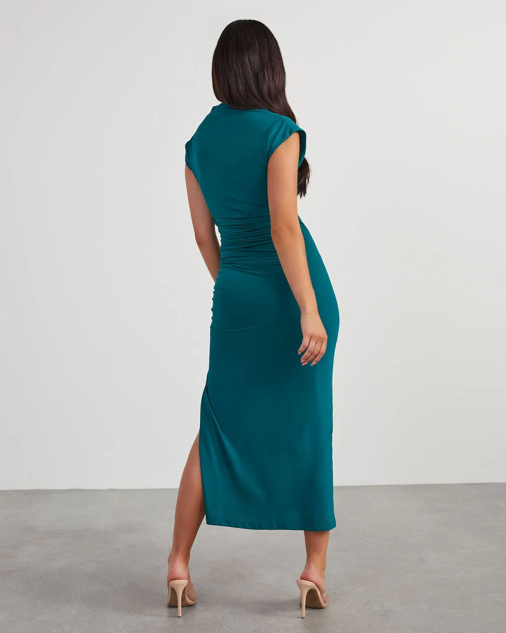 Elisabeth Mock Neck Side Slit Ruched Midi Dress