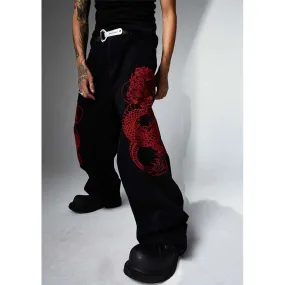 Embroidered Dragon Totem Baggy Jeans with Streetwear Style