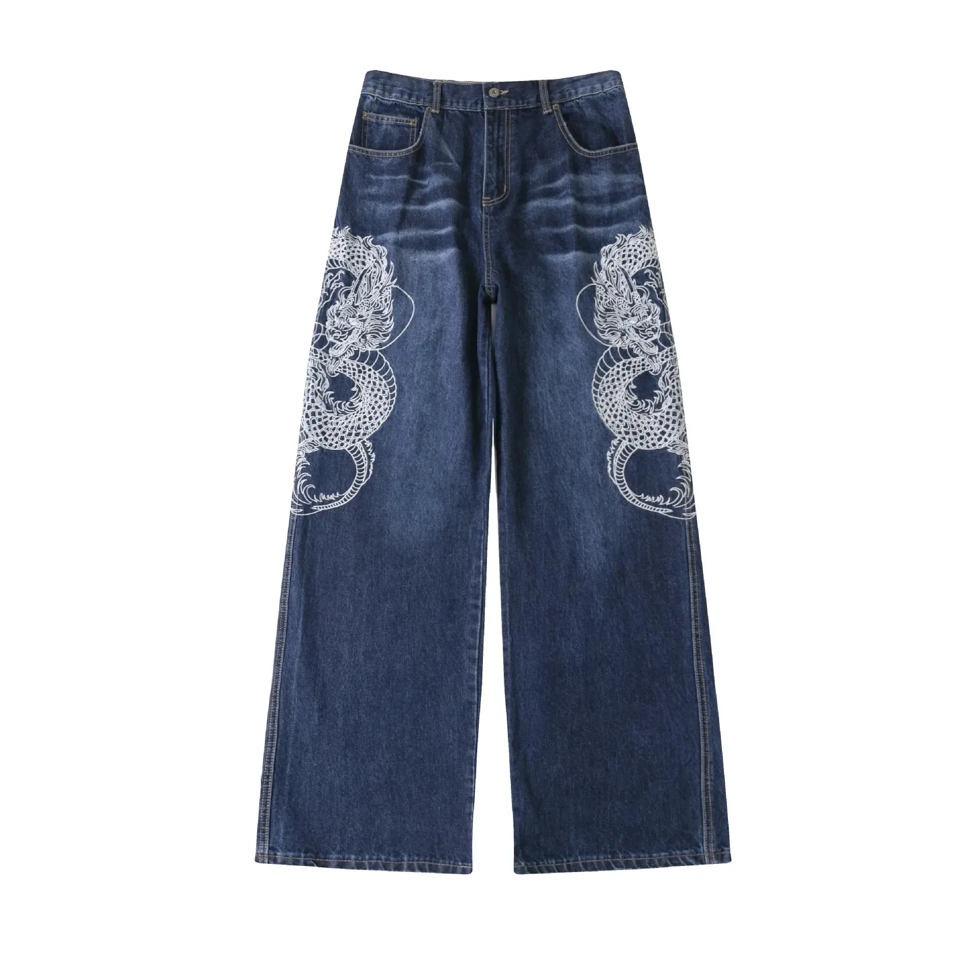 Embroidered Dragon Totem Baggy Jeans with Streetwear Style