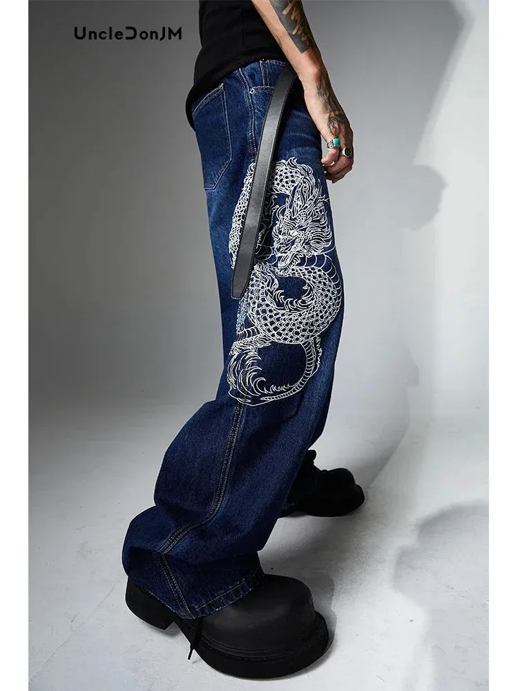 Embroidered Dragon Totem Baggy Jeans with Streetwear Style