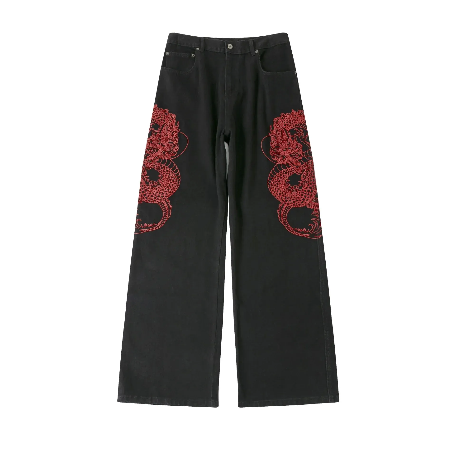 Embroidered Dragon Totem Baggy Jeans with Streetwear Style