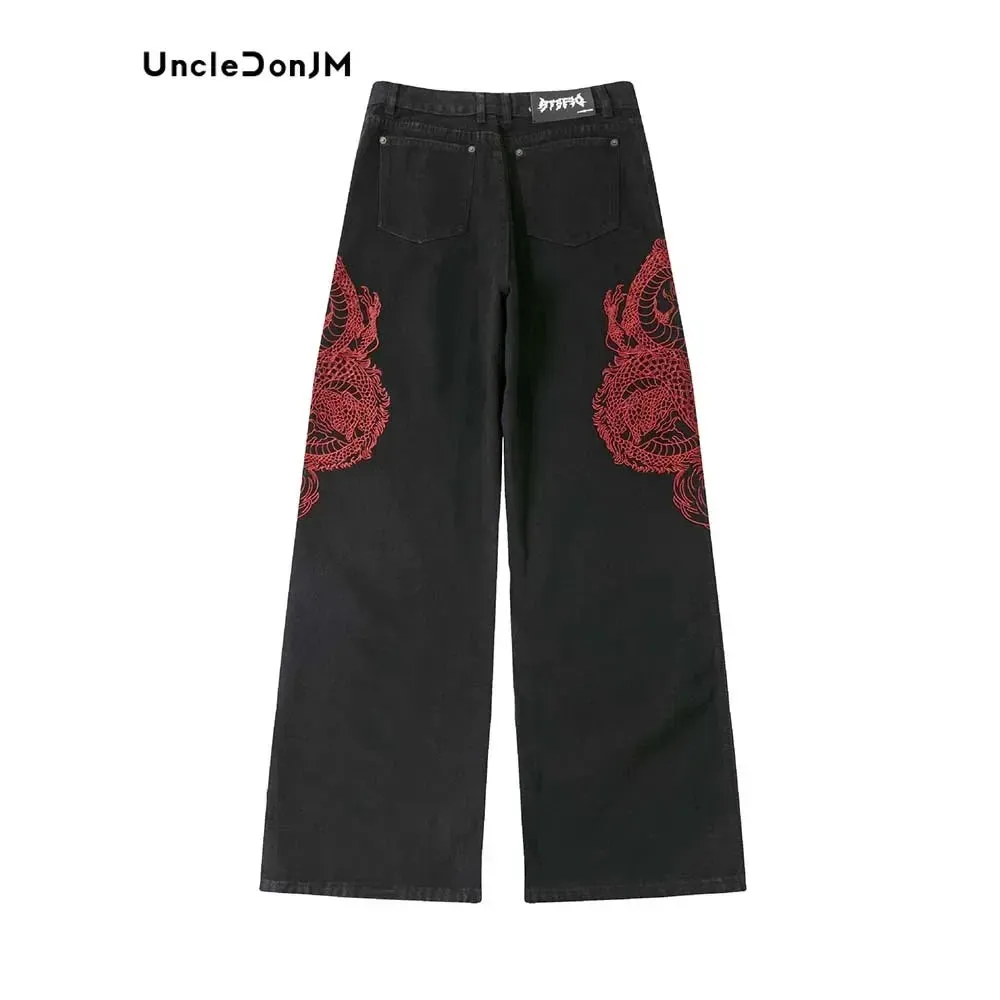 Embroidered Dragon Totem Baggy Jeans with Streetwear Style