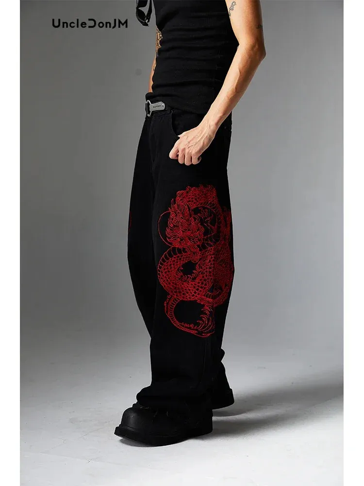 Embroidered Dragon Totem Baggy Jeans with Streetwear Style