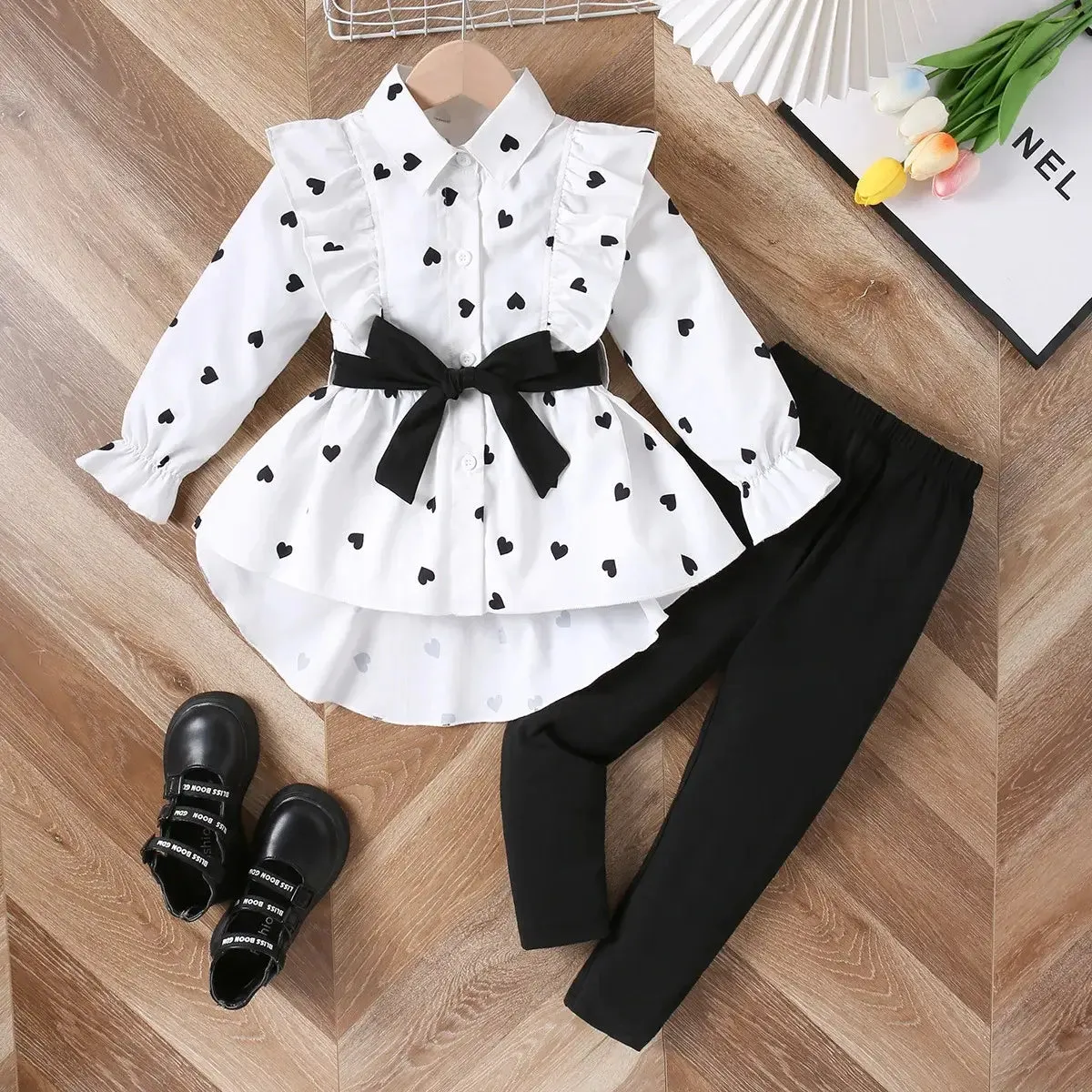 Fall Girls Fashion Long Shirt Dress Pants with Belt